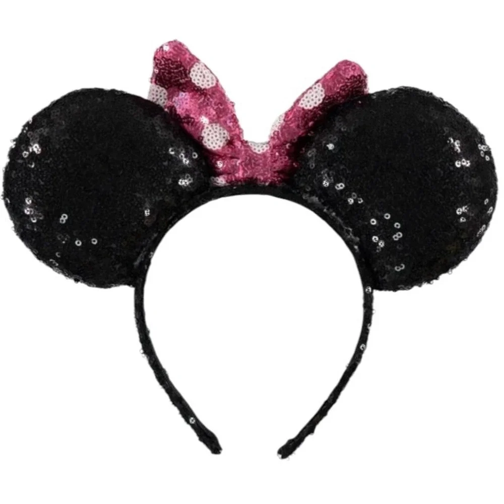 Disney Girls Mini Mouse Ears‎ Sequined Head Band W/ Pink Sequined Bow